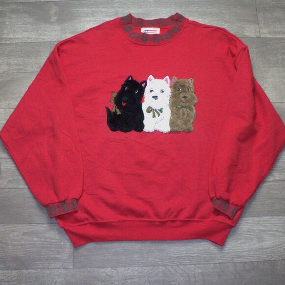 Vtg Whispers Furry Yorkie Westie Terrier Dog Red Crewneck Sweatshirt Sz Large - Picture 1 of 6